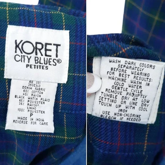 VTG 90s Koret City Blues Quilted Denim Metal Snap Vest Plaid Pants Set Size 8 - Picture 5 of 12